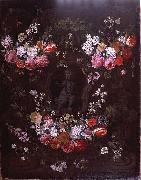 Jan Philip van Thielen Garland of flowers surrounding cherub in grisaille France oil painting artist